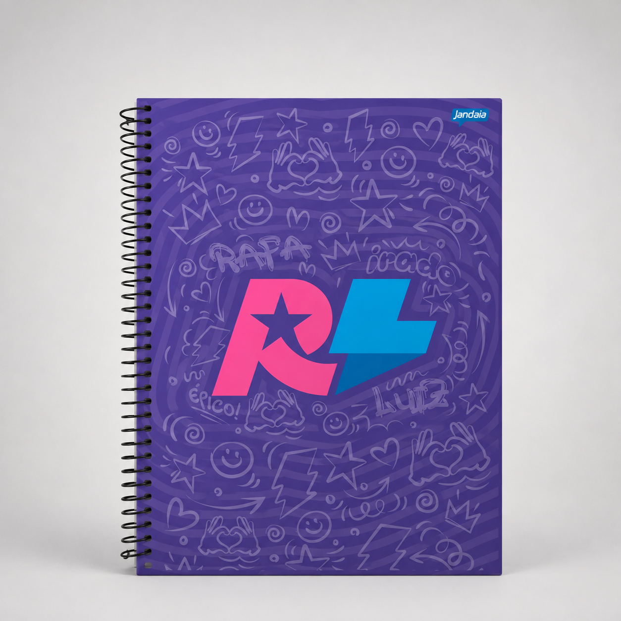 Jandaia - Caderno Espiral Universitário Capa Dura 10 Matérias 160 Fls Rafa e Luiz Fundo Roxo